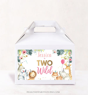 Editable Two Wild Safari Animals Birthday Gable Gift Box Labels Watercolor Party Animals Girl Pink Second Birthday 2nd Digital Corjl 0163