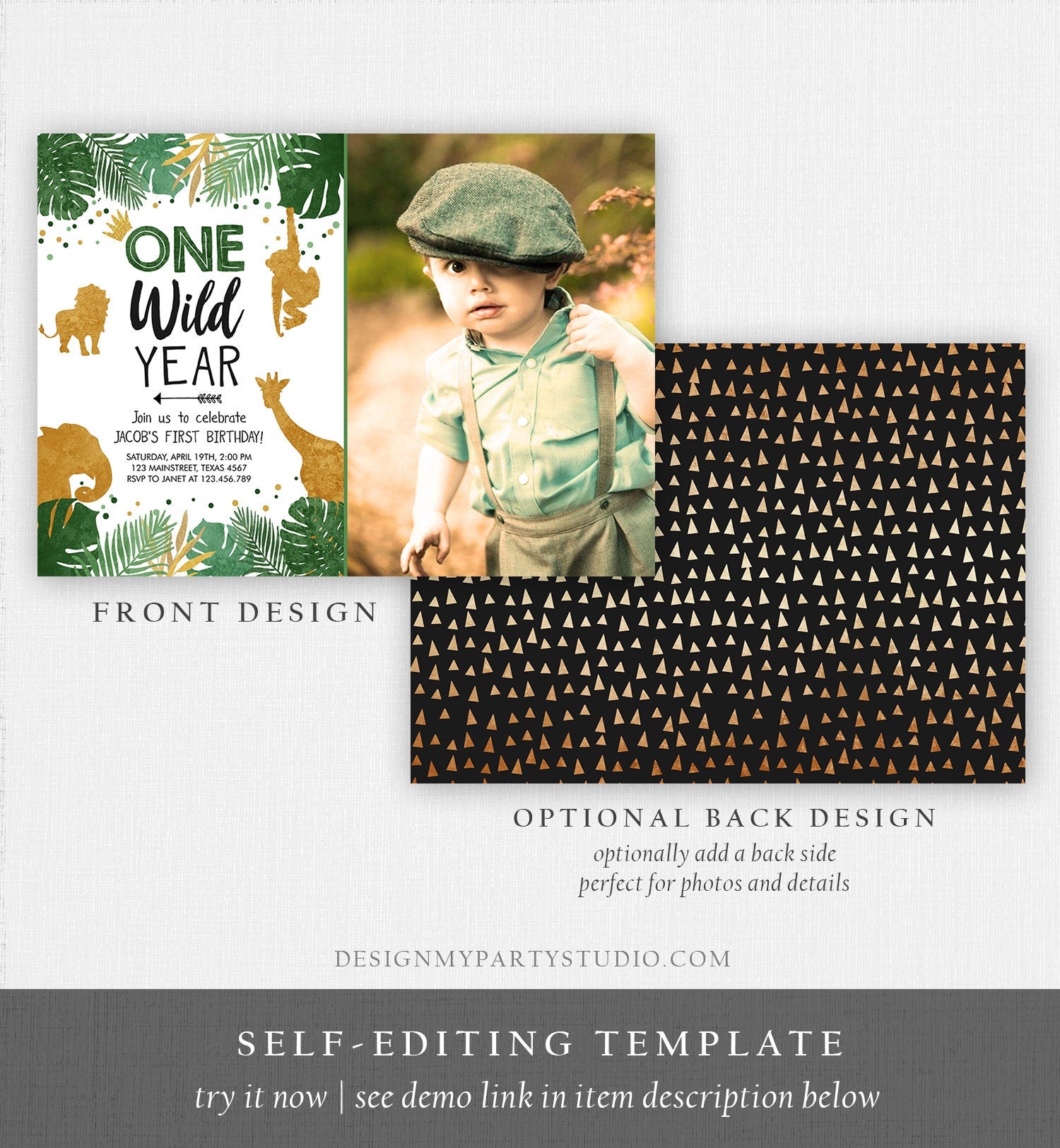 Editable Wild One Birthday Invite Safari Animals Jungle One Wild Year Black Gold First Birthday 1st Digital Download Template Printable 0016