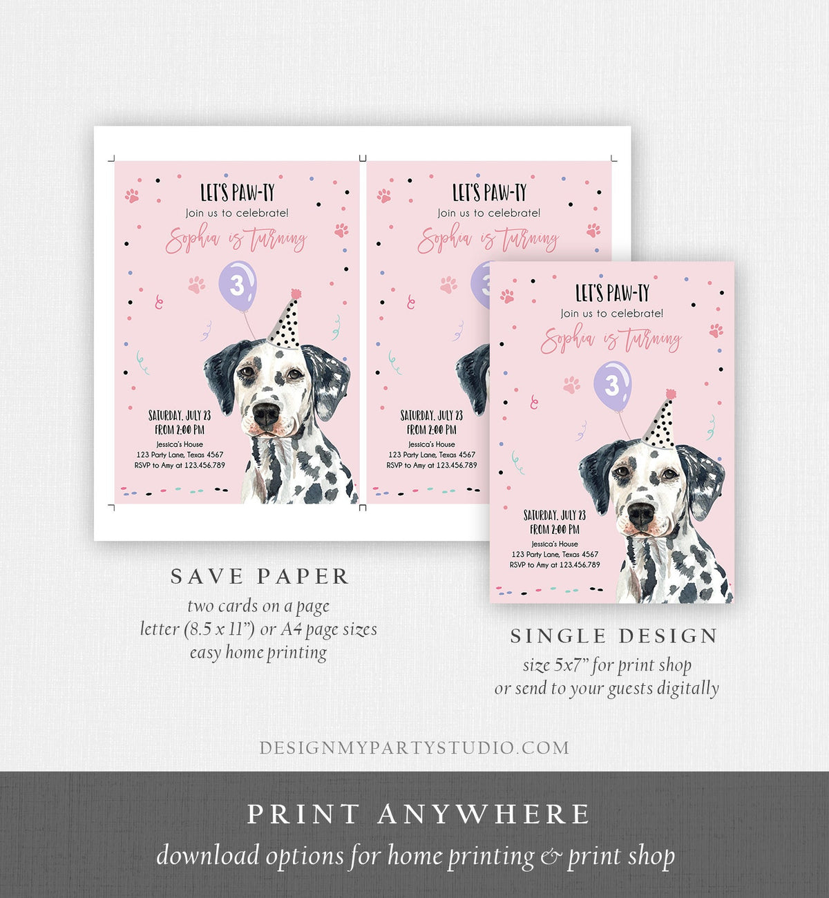 Editable Dog Birthday Party Invitation Dalmatian Birthday Pink Girl Come Sit Stay Party Animal Digital Download Template Printable 0384