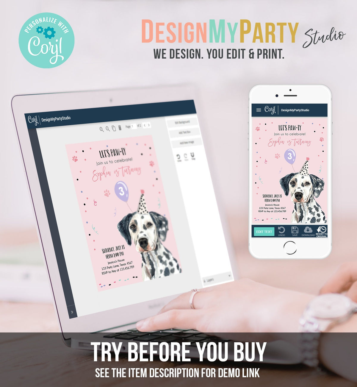 Editable Dog Birthday Party Invitation Dalmatian Birthday Pink Girl Come Sit Stay Party Animal Digital Download Template Printable 0384