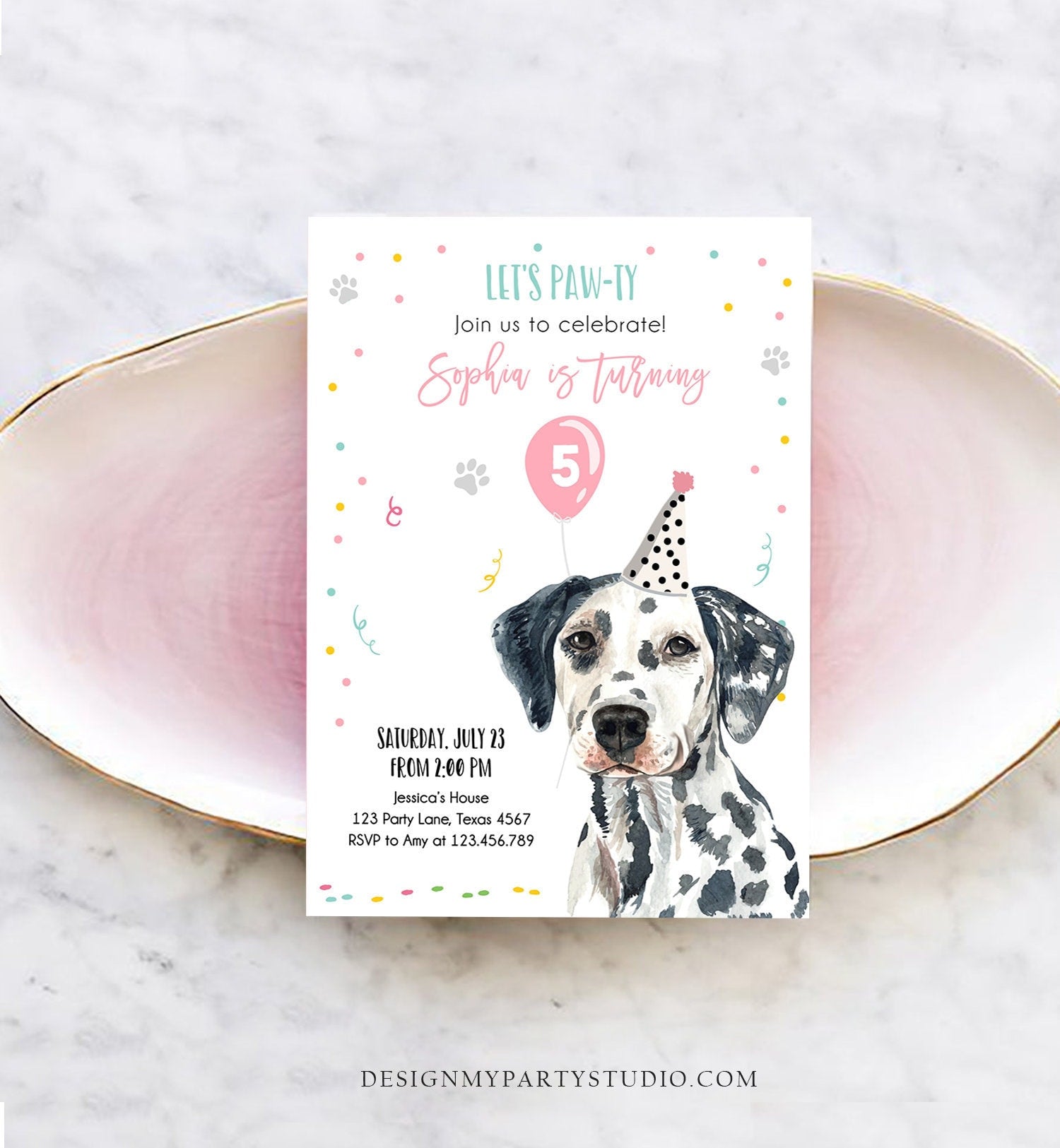 Editable Dog Birthday Party Invitation Dalmatian Birthday Invite Pink Girl Come Sit Stay Party Animal Download Printable Template Corjl 0384