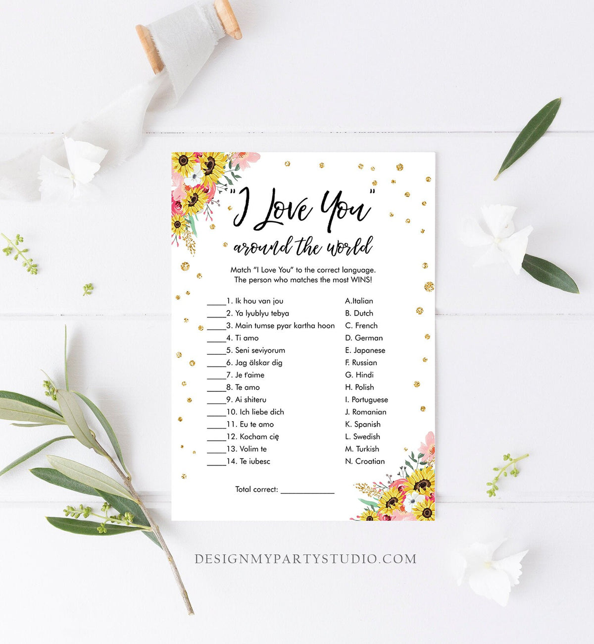 Editable Travel Bridal Shower Game I Love You Around the World Wedding Blush Pink Sunflowers Activity Bachelorette Corjl Printable 0030 0318