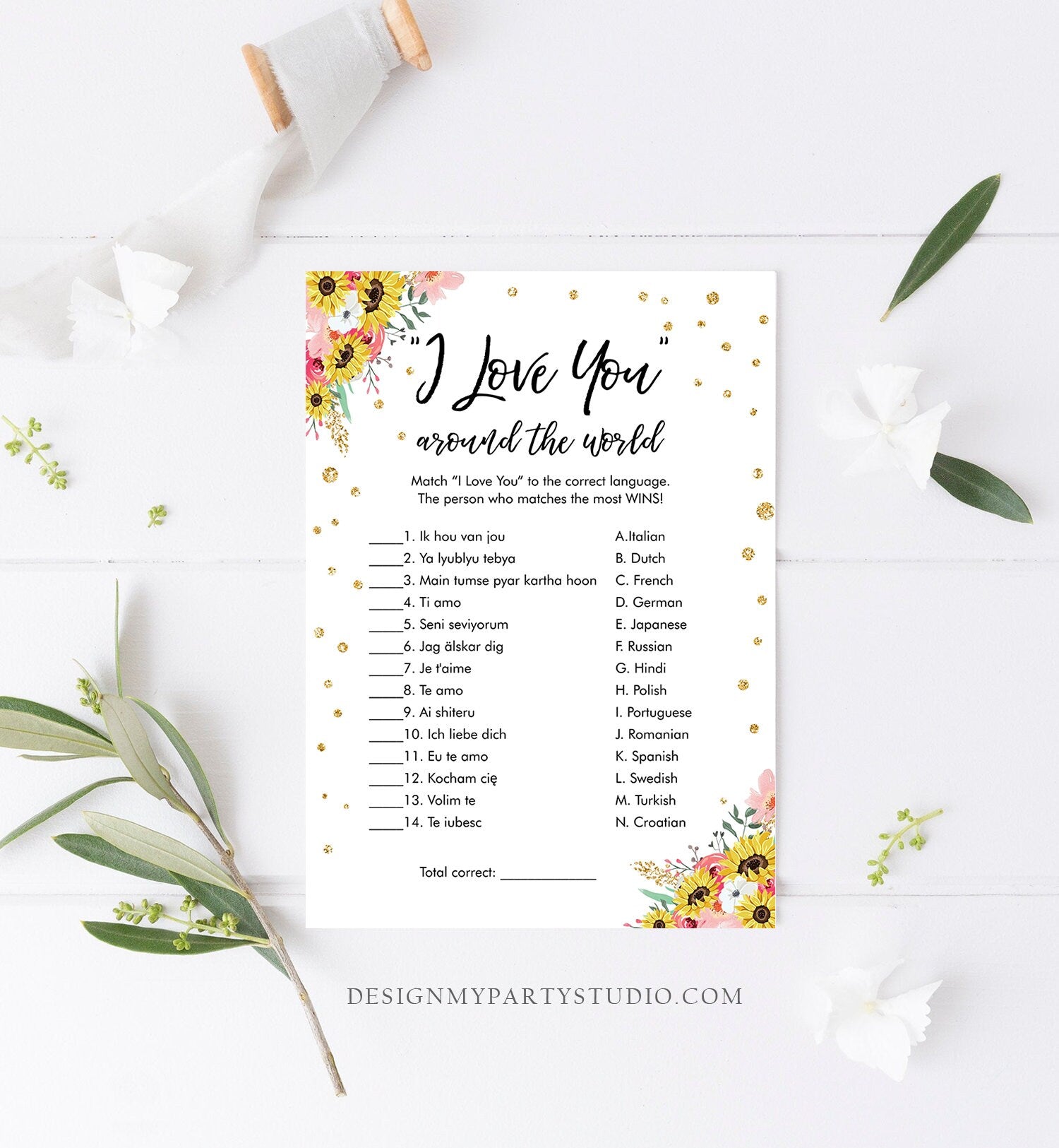 Editable Travel Bridal Shower Game I Love You Around the World Wedding Blush Pink Sunflowers Activity Bachelorette Corjl Printable 0030 0318