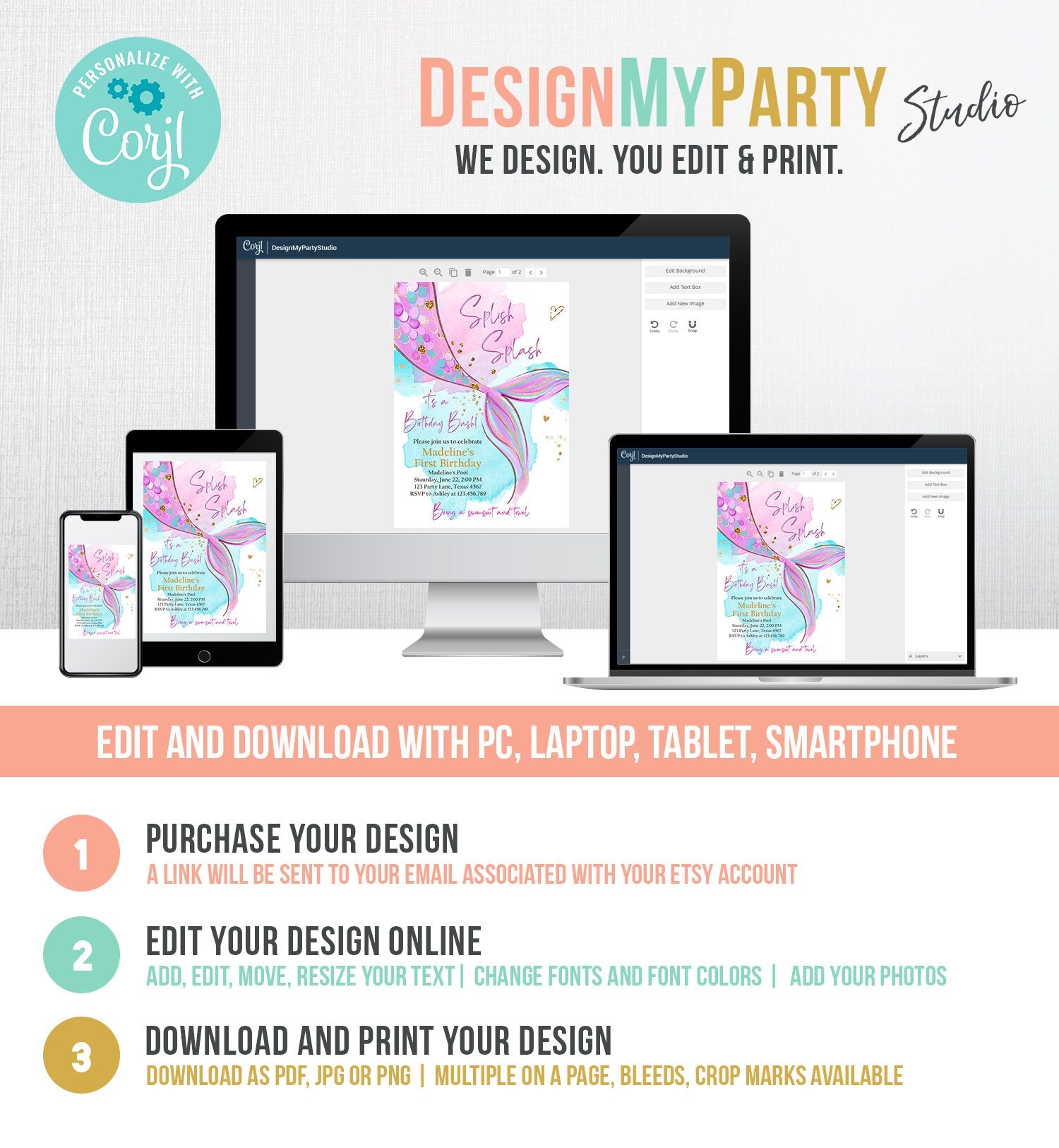 Editable Mermaid Birthday Party Invitation Girl Pink Purple Gold Mermaid Birthday Under The Sea Download Printable Template Corjl 0403