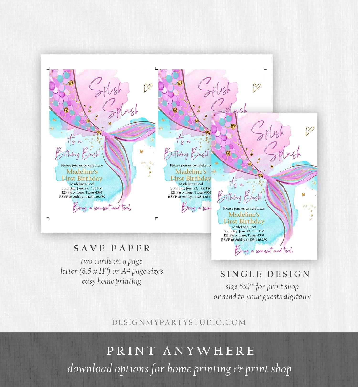 Editable Mermaid Birthday Party Invitation Girl Pink Purple Gold Mermaid Birthday Under The Sea Download Printable Template Corjl 0403