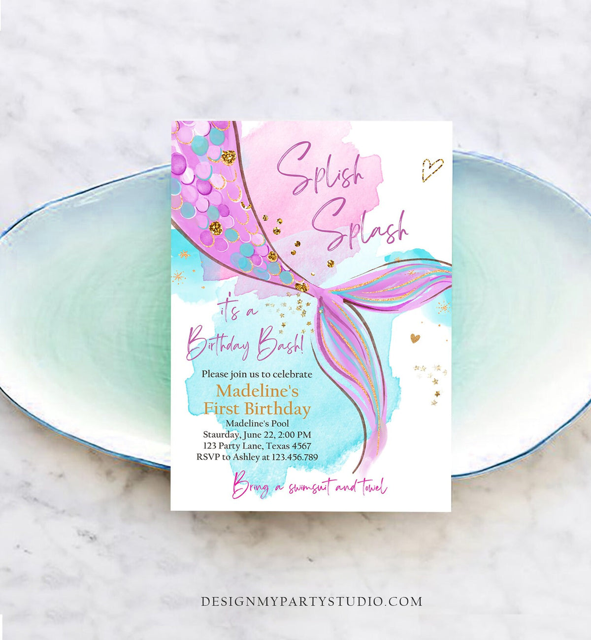 Editable Mermaid Birthday Party Invitation Girl Pink Purple Gold Mermaid Birthday Under The Sea Download Printable Template Corjl 0403