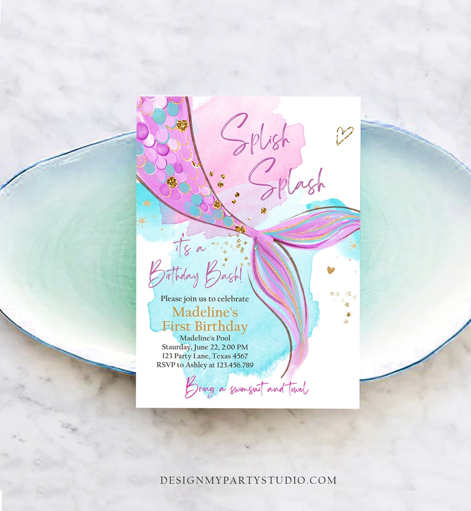 Editable Mermaid Birthday Party Invitation Girl Pink Purple Gold Mermaid Birthday Under The Sea Download Printable Template Corjl 0403