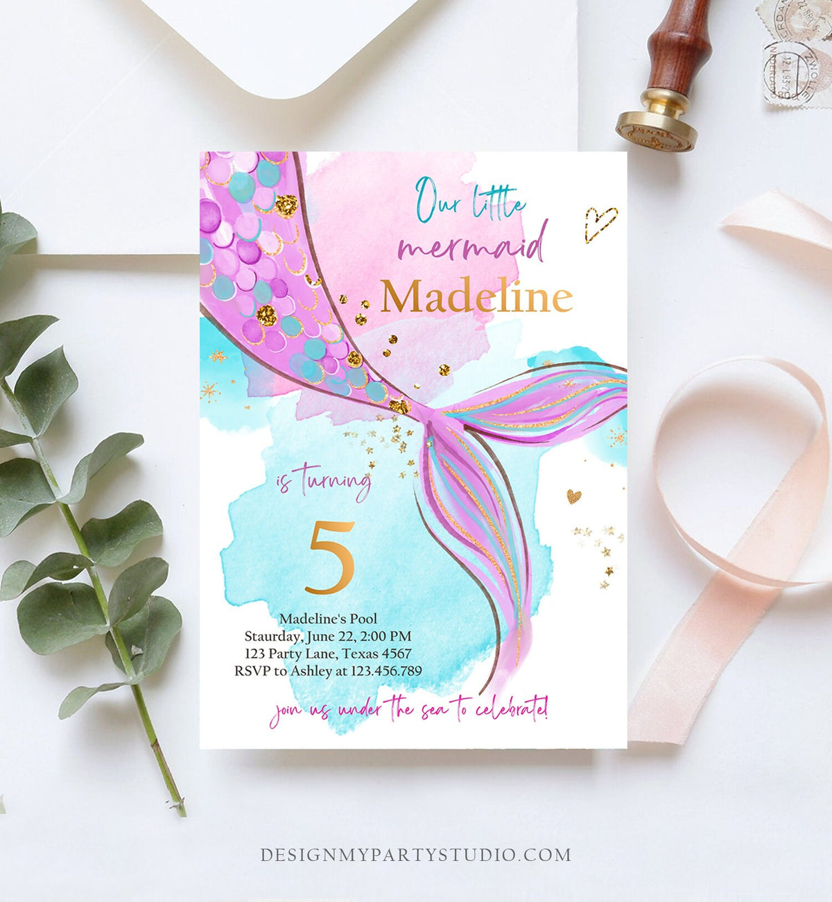 Editable Mermaid Birthday Party Invitation Girl Pink Purple Gold Mermaid Birthday Under The Sea Download Evite Template Printable 0403