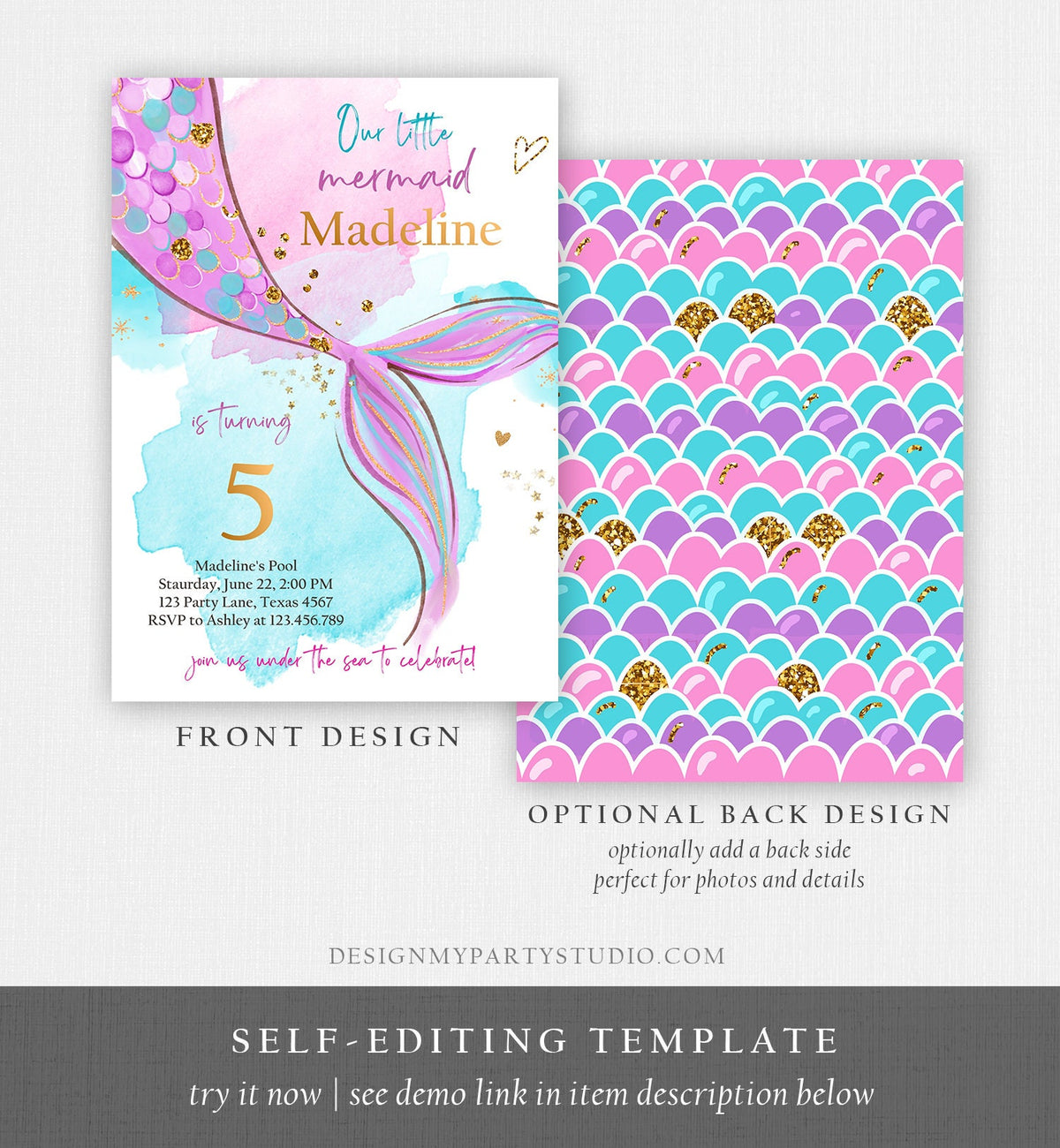 Editable Mermaid Birthday Party Invitation Girl Pink Purple Gold Mermaid Birthday Under The Sea Download Evite Template Printable 0403