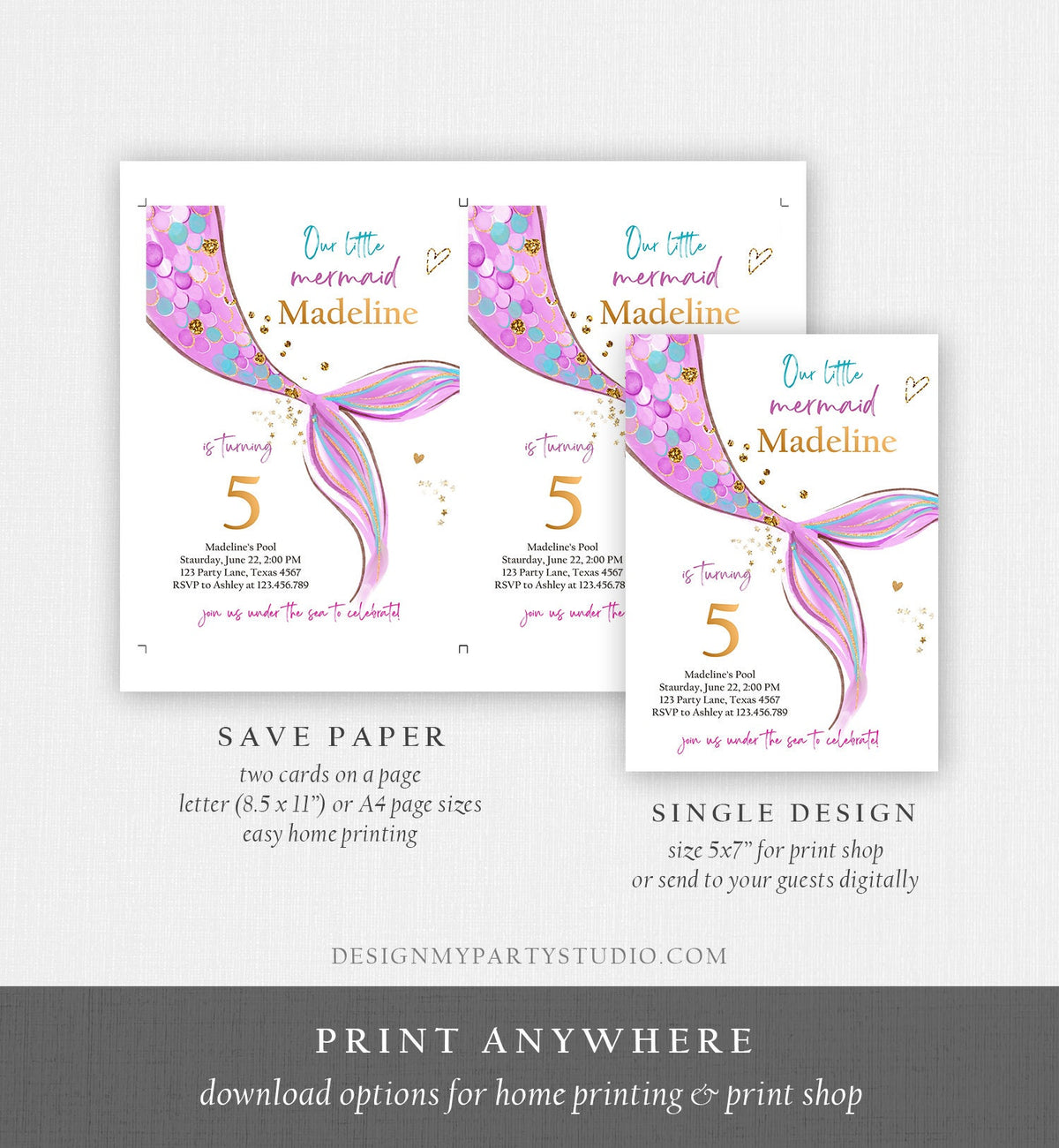 Editable Mermaid Birthday Party Invitation Girl Pink Purple Gold Mermaid Birthday Under The Sea Digital Download Template Printable 0403