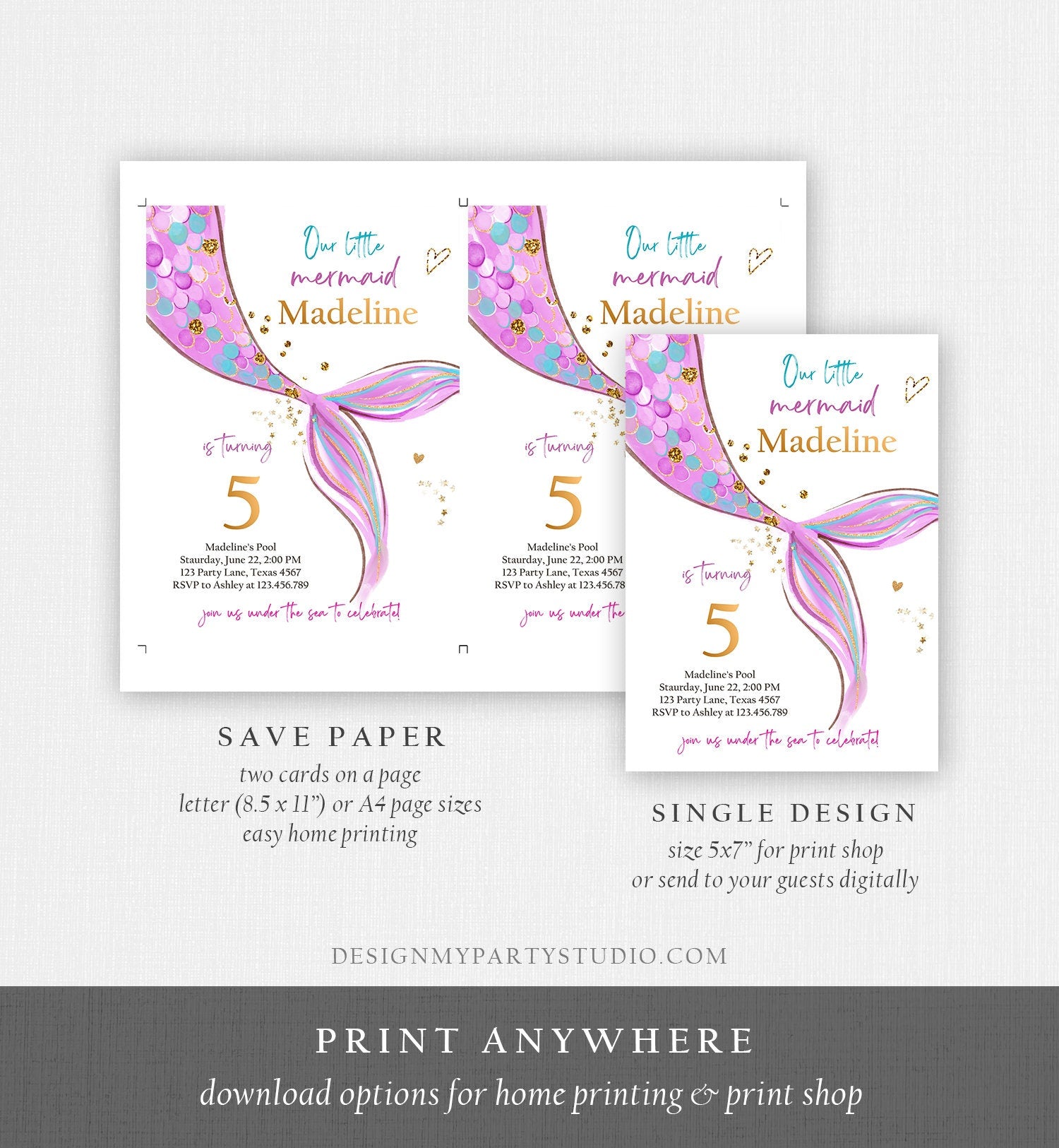Editable Mermaid Birthday Party Invitation Girl Pink Purple Gold Mermaid Birthday Under The Sea Digital Download Template Printable 0403