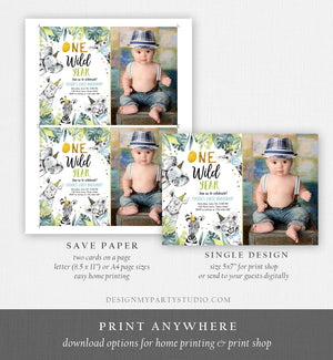 Editable One Wild Year Birthday Invitation Safari Party Animals Boy Gold First Birthday Wild One Monochrome Corjl Template Printable 0322