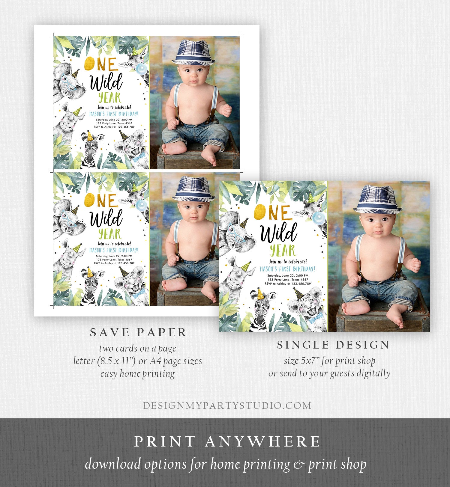 Editable One Wild Year Birthday Invitation Safari Party Animals Boy Gold First Birthday Wild One Monochrome Digital Template Printable 0322