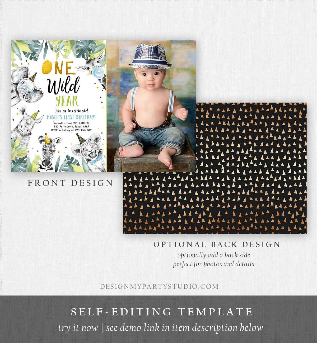 Editable One Wild Year Birthday Invitation Safari Party Animals Boy Gold First Birthday Wild One Monochrome Digital Template Printable 0322