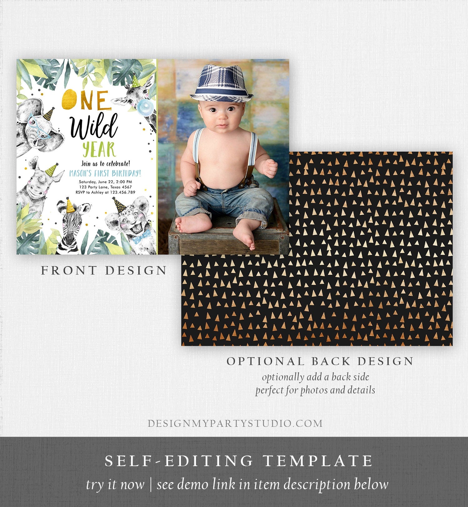 Editable One Wild Year Birthday Invitation Safari Party Animals Boy Gold First Birthday Wild One Monochrome Digital Template Printable 0322