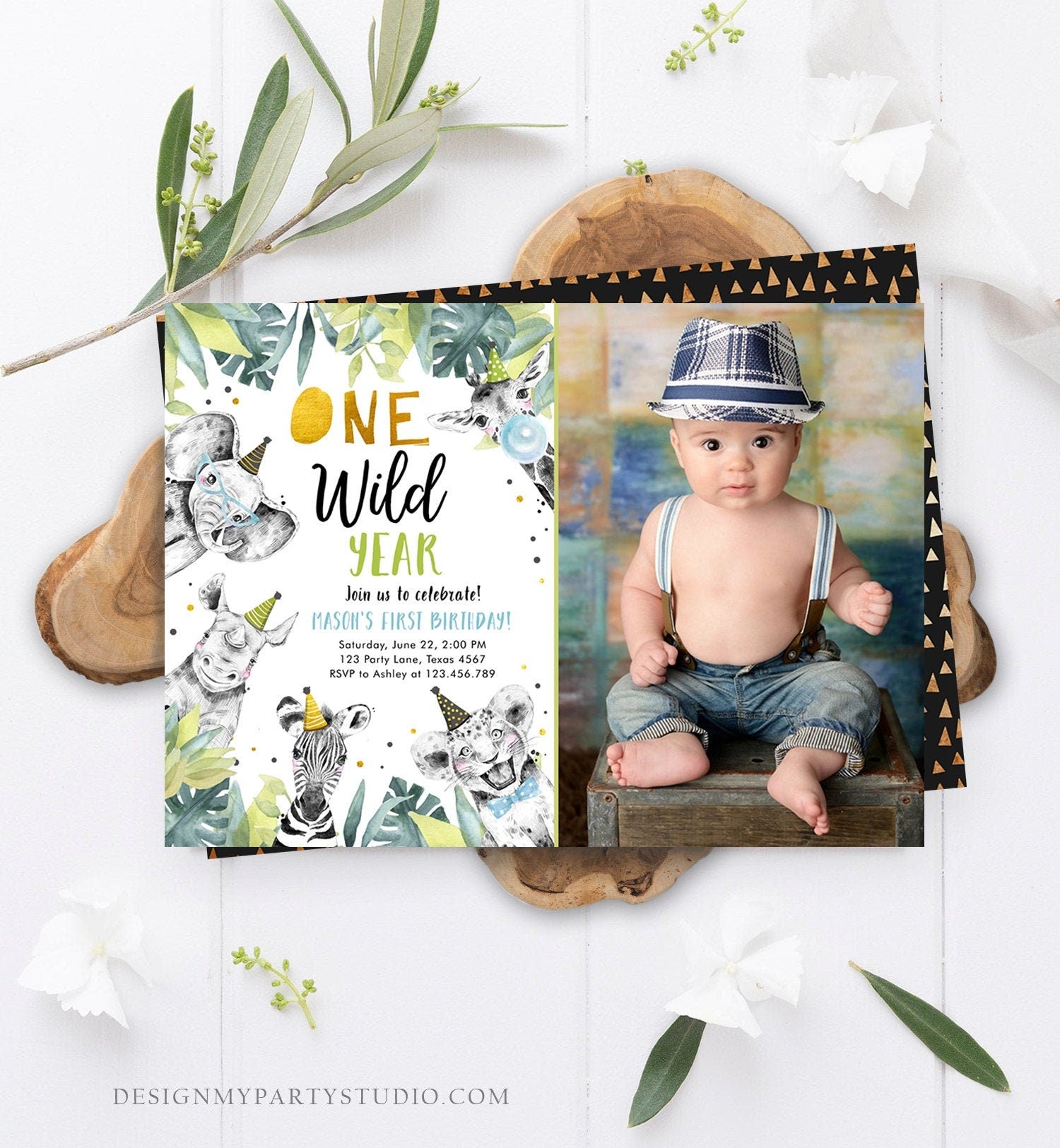 Editable One Wild Year Birthday Invitation Safari Party Animals Boy Gold First Birthday Wild One Monochrome Digital Template Printable 0322