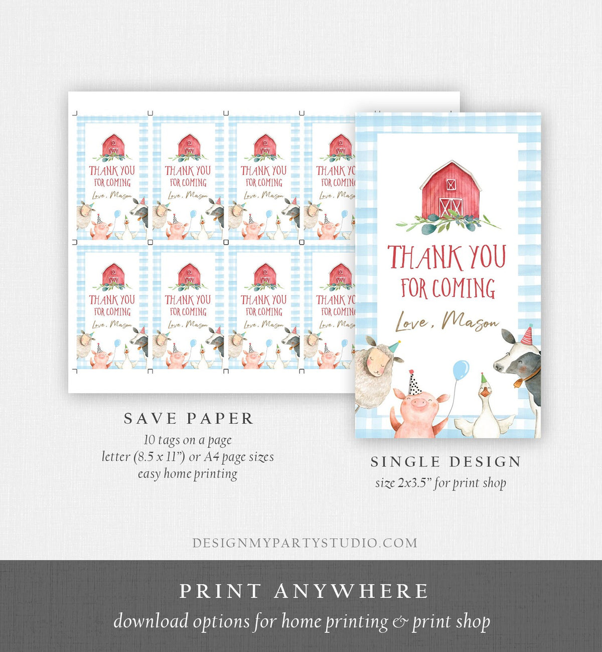 Editable Farm Favor Tags Tags Boy Farm Birthday Thank you tags Barnyard Gift Tags Blue Red Boy Baby Shower Download Template Printable 0155