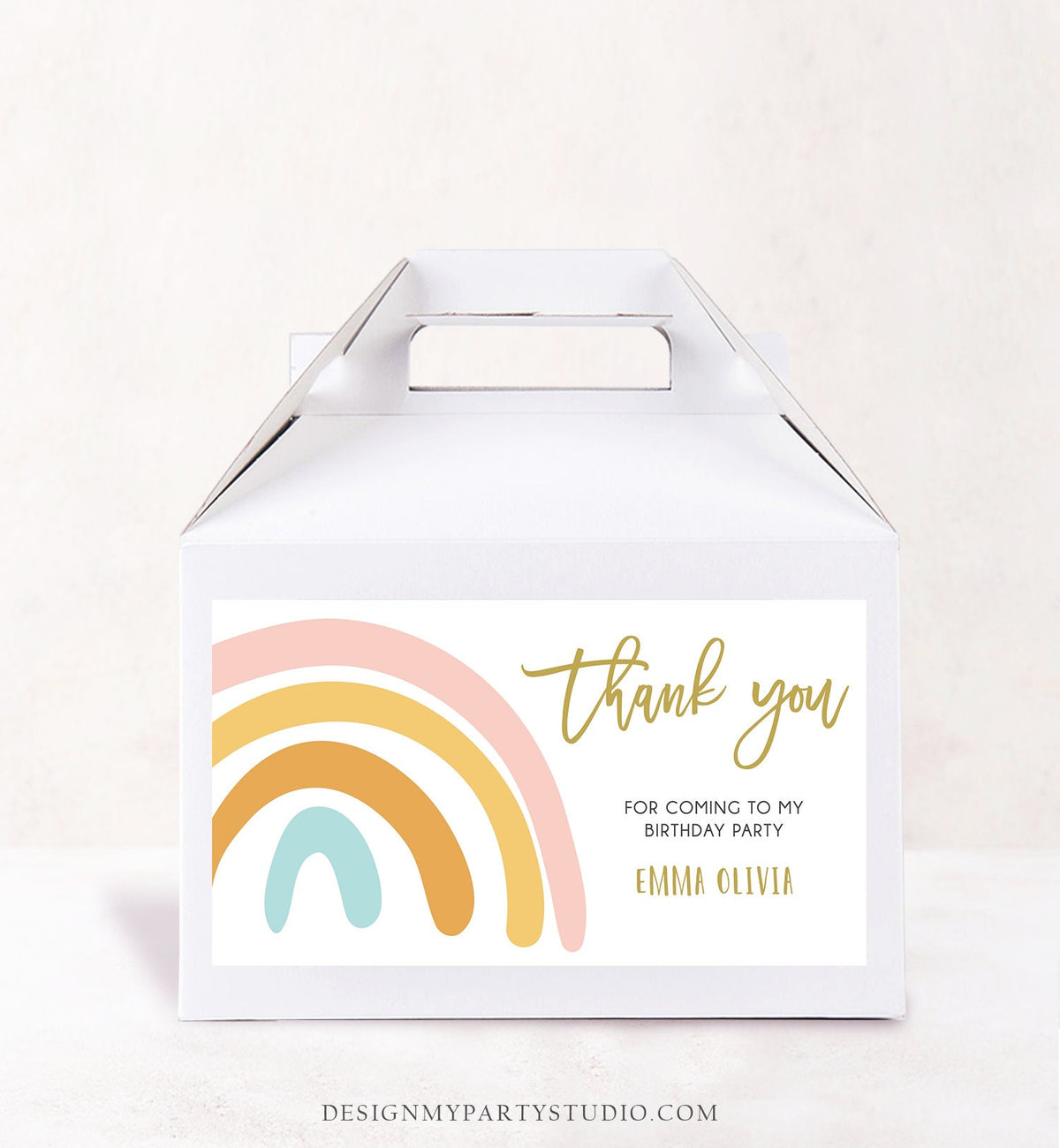 Editable Rainbow Gable Gift Box Label Muted Rainbow Birthday Party Girl Treat Box Rainbow Favor Digital Download Template Printable 0331