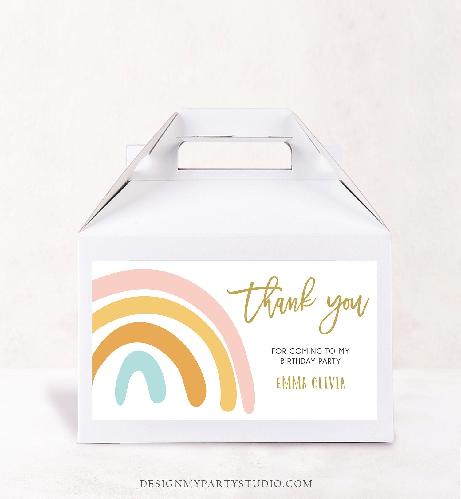 Editable Rainbow Gable Gift Box Label Muted Rainbow Birthday Party Girl Treat Box Rainbow Favor Digital Download Template Printable 0331