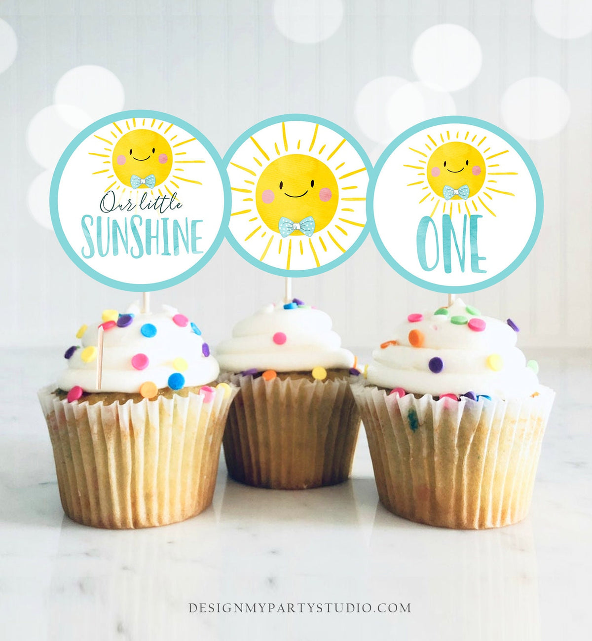 Sunshine Birthday Cupcake Toppers Favor Tags Sunshine Party Little Sunshine Decor Boy Blue 1st Stickers Download Digital Printable 0141