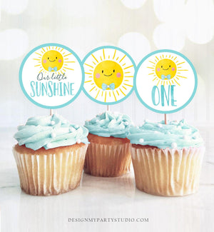 Sunshine Birthday Cupcake Toppers Favor Tags Sunshine Party Little Sunshine Decor Boy Blue 1st Stickers Download Digital PRINTABLE 0141