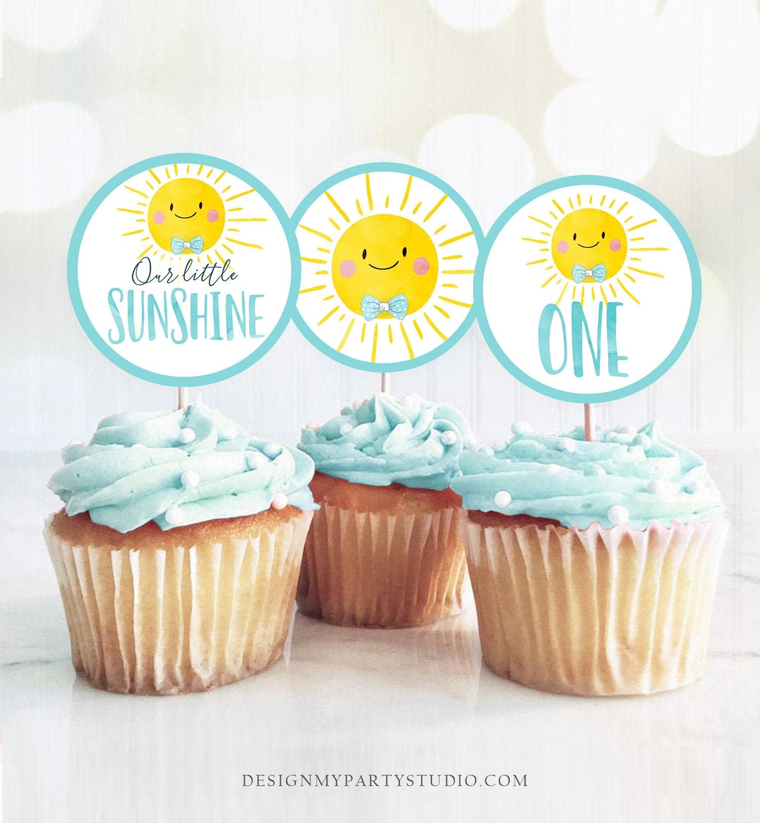 Sunshine Birthday Cupcake Toppers Favor Tags Sunshine Party Little Sunshine Decor Boy Blue 1st Stickers Download Digital Printable 0141