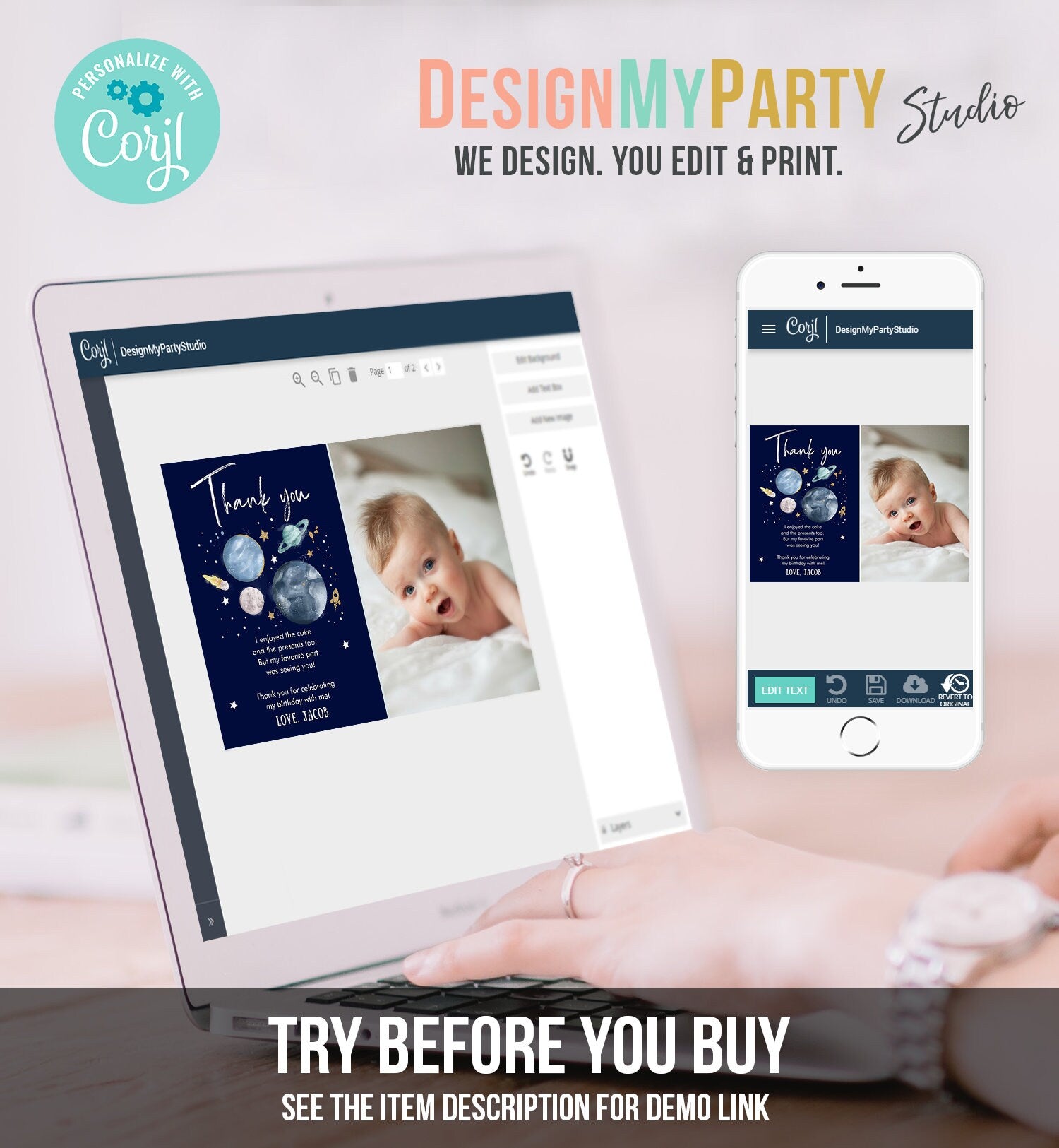 Editable Space Thank You Card Space Astronaut Birthday Boy To the Moon Galaxy Thank You Note Digital Download Template Printable 0357