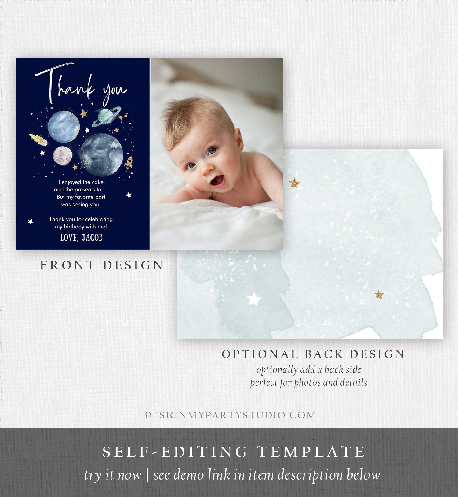 Editable Space Thank You Card Space Astronaut Birthday Boy To the Moon Galaxy Thank You Note Digital Download Template Printable 0357