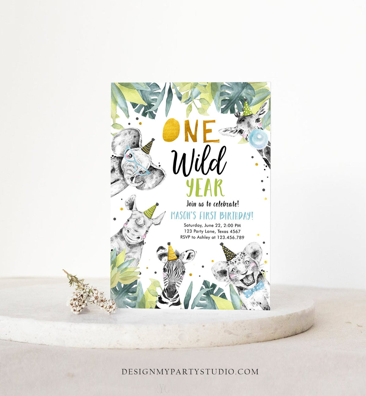 Editable One Wild Year Birthday Invitation Safari Party Animals Boy Gold First Birthday Wild One Monochrome Evite Template Printable 0322
