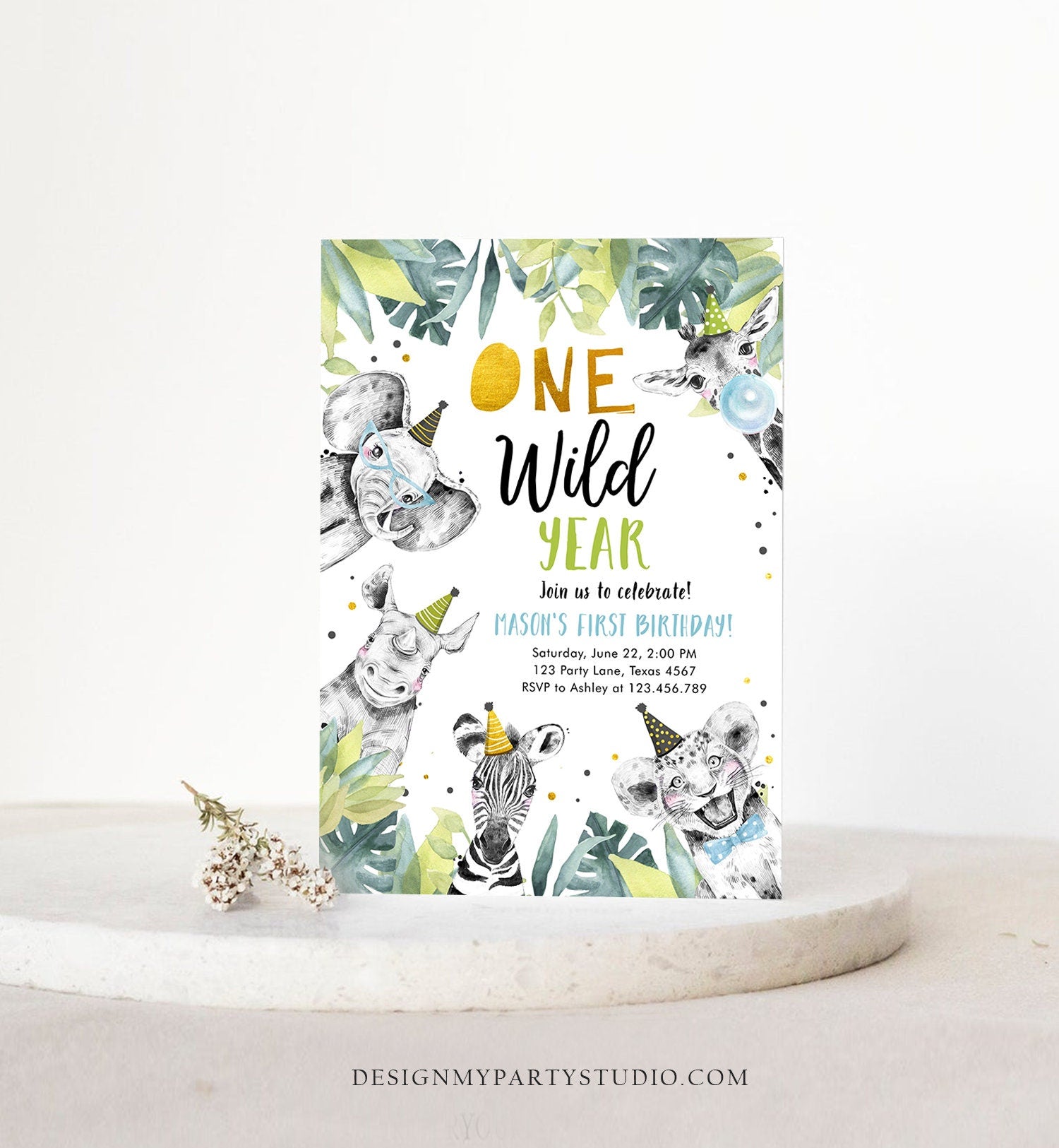 Editable One Wild Year Birthday Invitation Safari Party Animals Boy Gold First Birthday Wild One Monochrome Evite Template Printable 0322