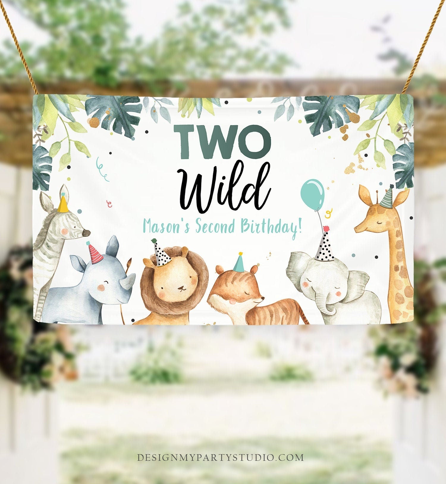 Editable Two Wild Safari Animals Birthday Backdrop Banner Party Animals Boy Second Birthday 2nd Welcome Sign Digital Template Printable 0163
