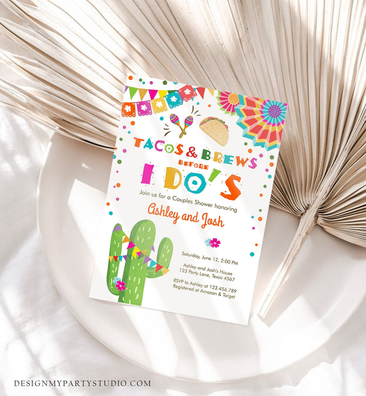 Editable Tacos and Brews before I Do&#39;s Couples Shower invitation Fiesta Coed Joined Cactus Mexican Download Corjl Template Printable 0045