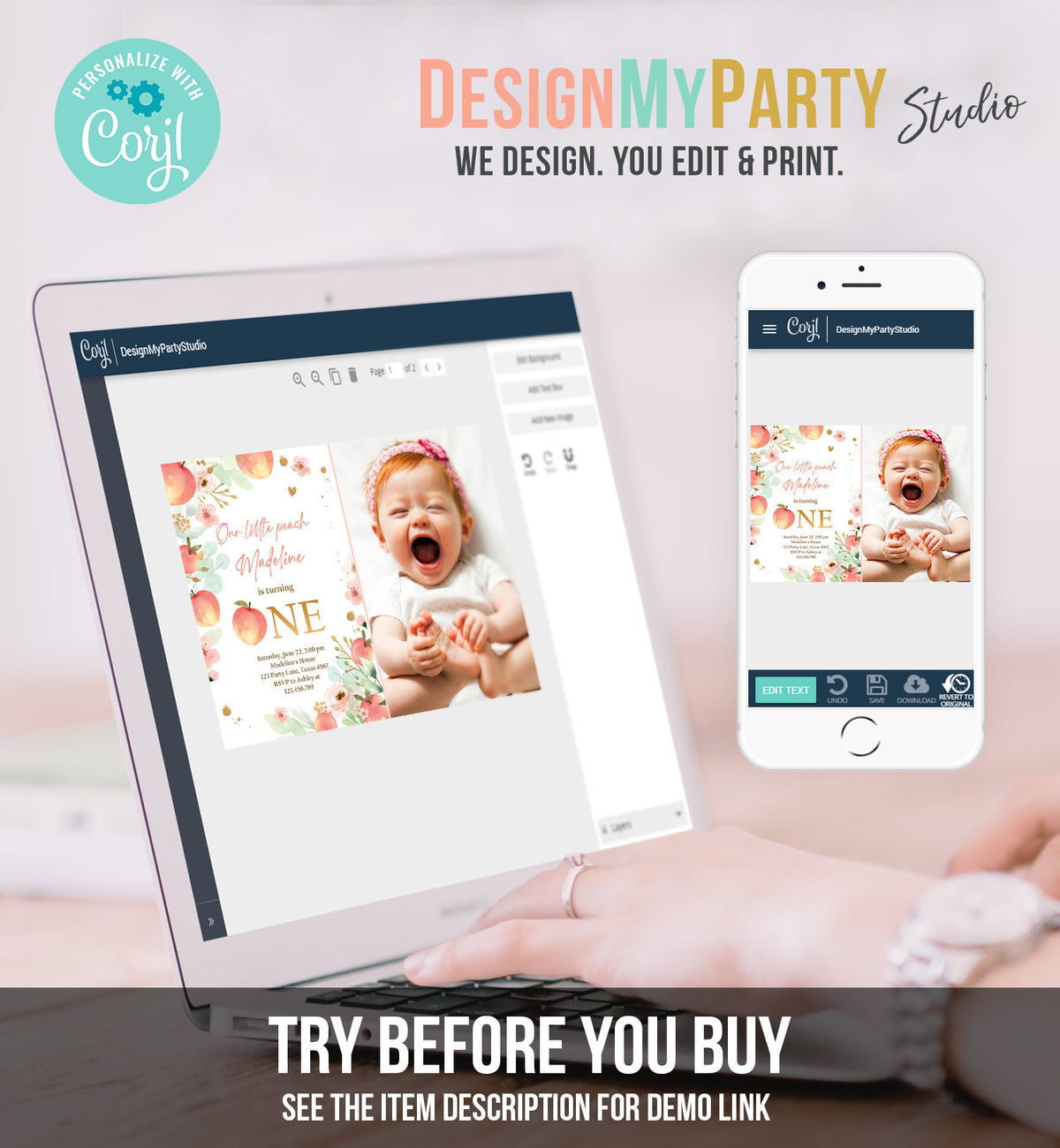 Editable Little Peach Birthday Invitation First Birthday Floral Gold Girl Peach 1st Peaches Digital Download Evite Template Printable 0401