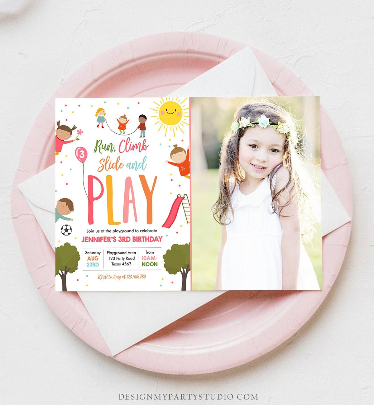Editable Playground Birthday Invitation Party In The Park Girl Pink Run Climb Slide and Play Download Printable Template Corjl Digital 0327