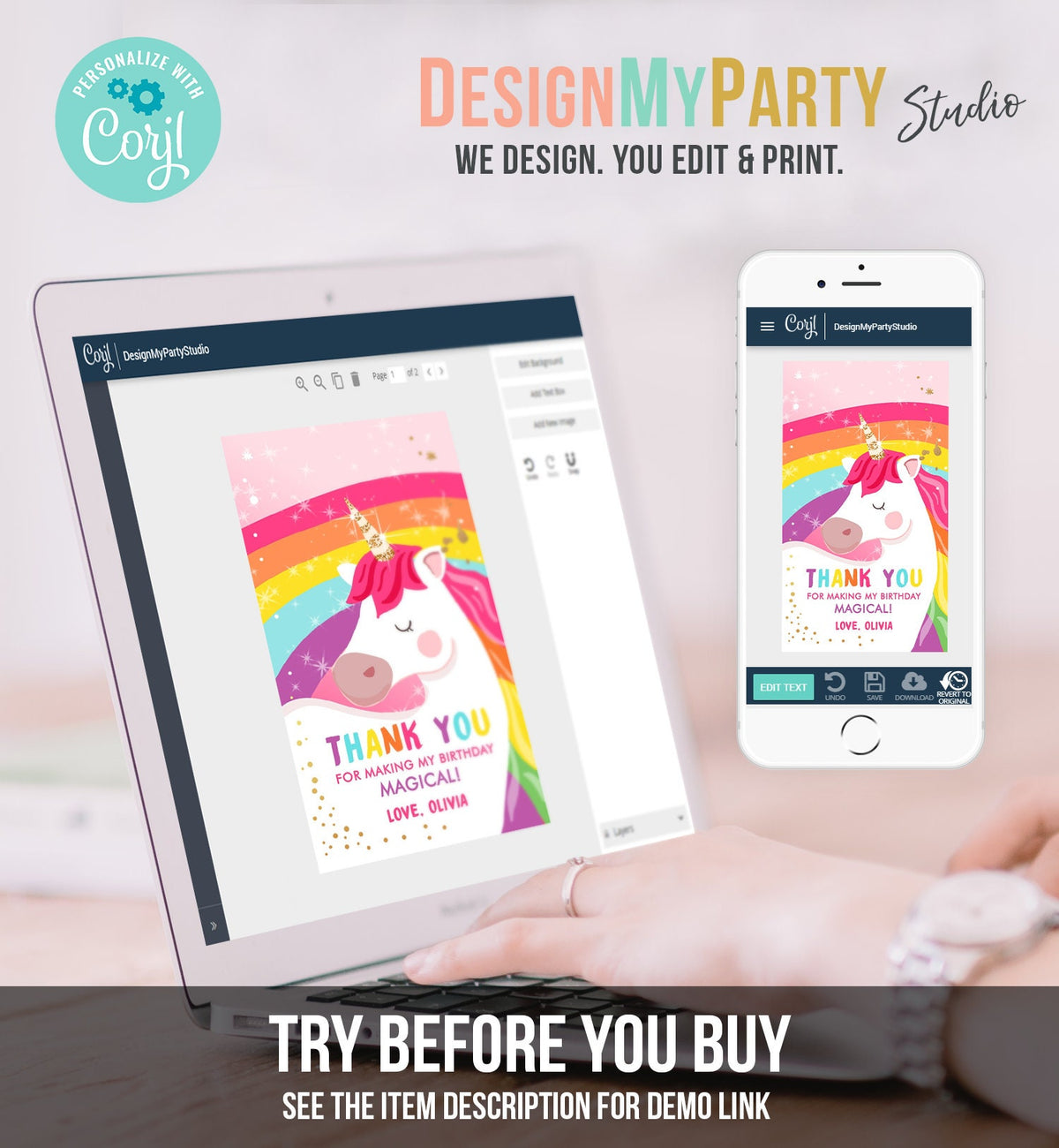 Editable Unicorn Favor Tags Unicorn Magical Birthday Thank you tags Label Rainbow Birthday Gift Pink Gold Digital Template Printable 0323