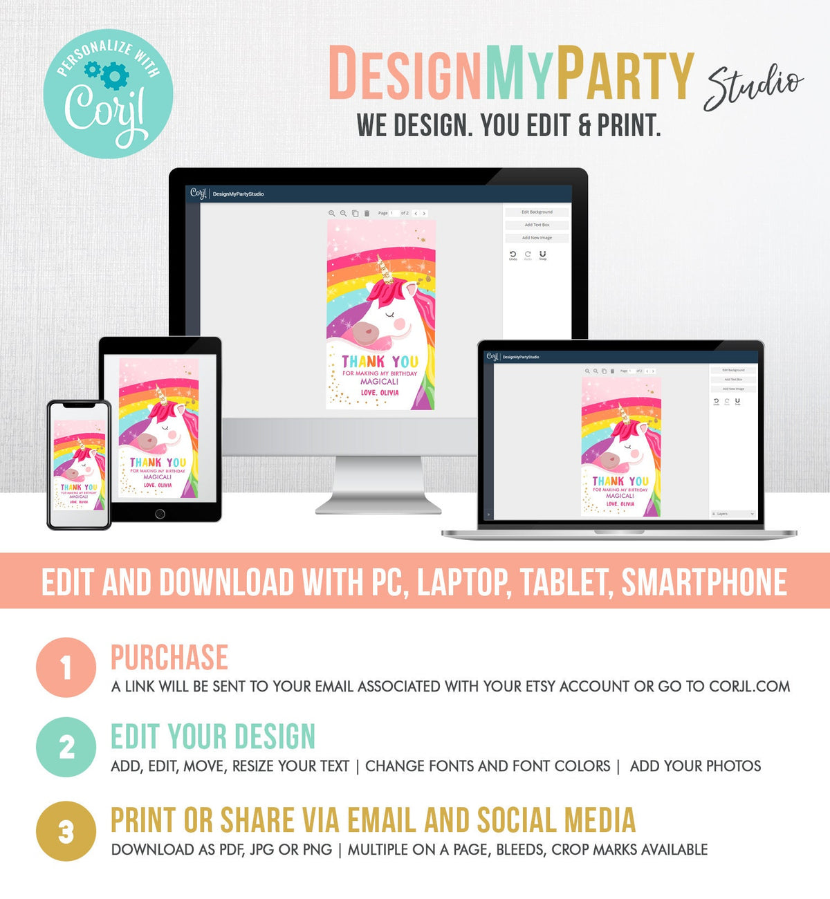 Editable Unicorn Favor Tags Unicorn Magical Birthday Thank you tags Label Rainbow Birthday Gift Pink Gold Digital Template Printable 0323