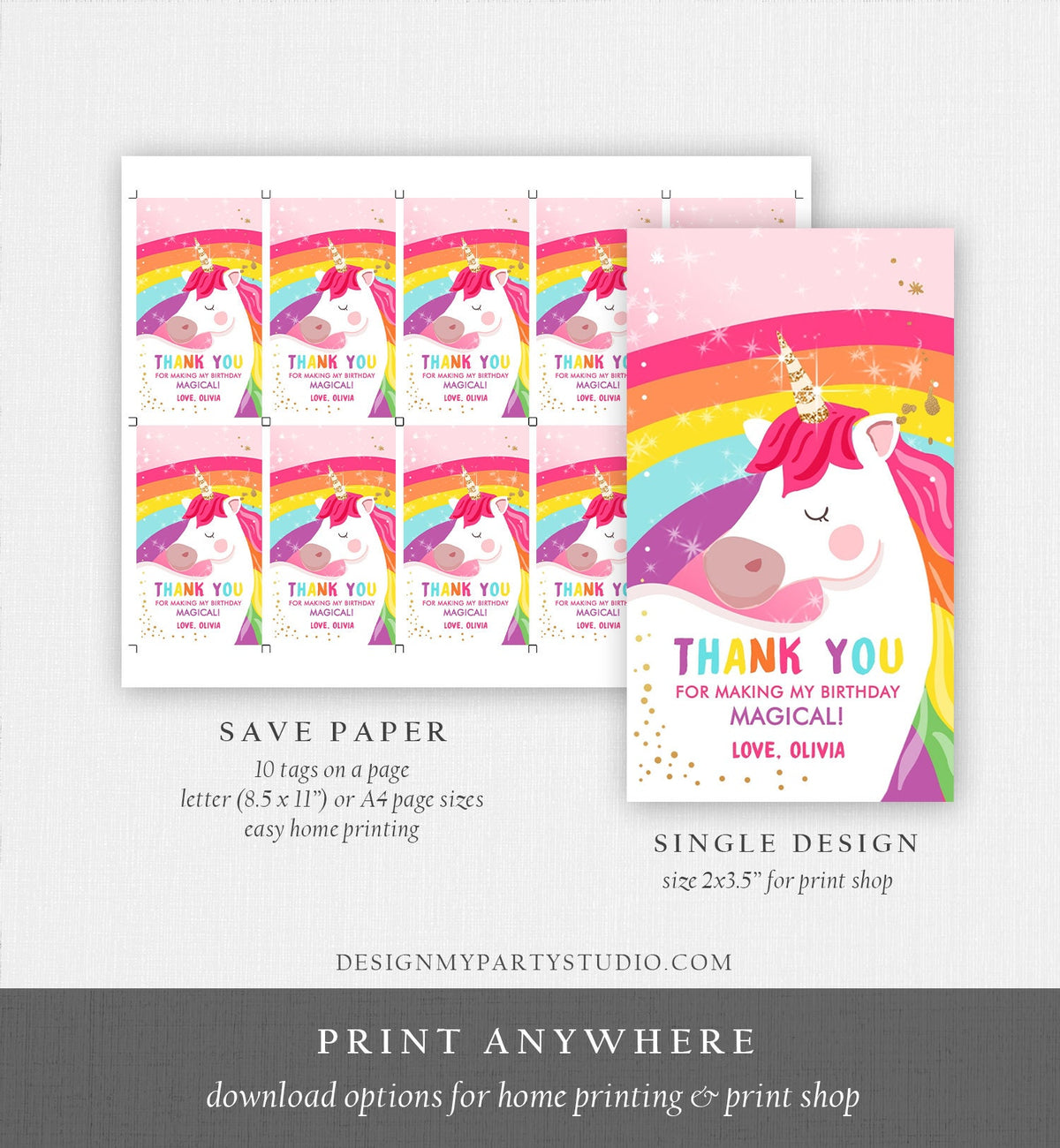 Editable Unicorn Favor Tags Unicorn Magical Birthday Thank you tags Label Rainbow Birthday Gift Pink Gold Digital Template Printable 0323