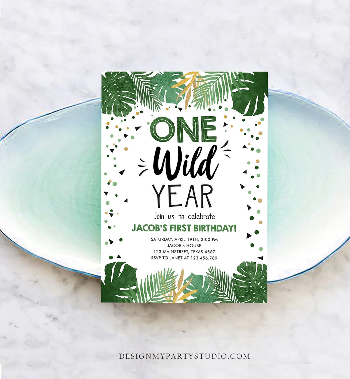 Editable One Wild Year Birthday Invitation Boy Tropical Safari Pink Jungle Wild One Wild Child Gold Digital Download Template Printable 0332
