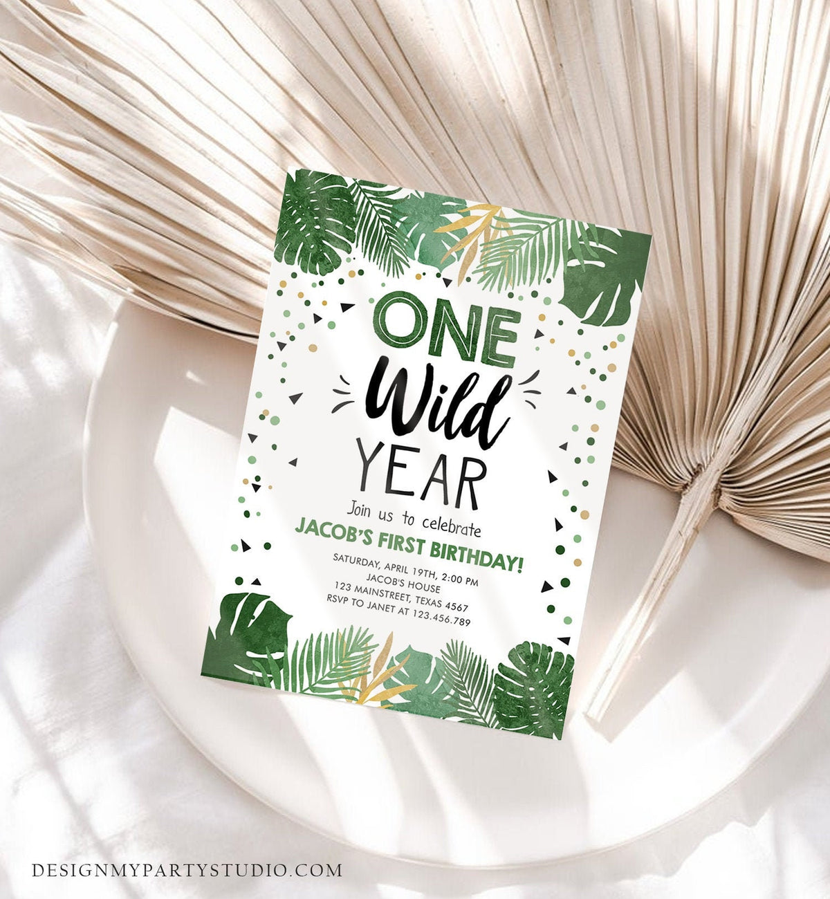 Editable One Wild Year Birthday Invitation Boy Tropical Safari Pink Jungle Wild One Wild Child Gold Digital Download Template Printable 0332