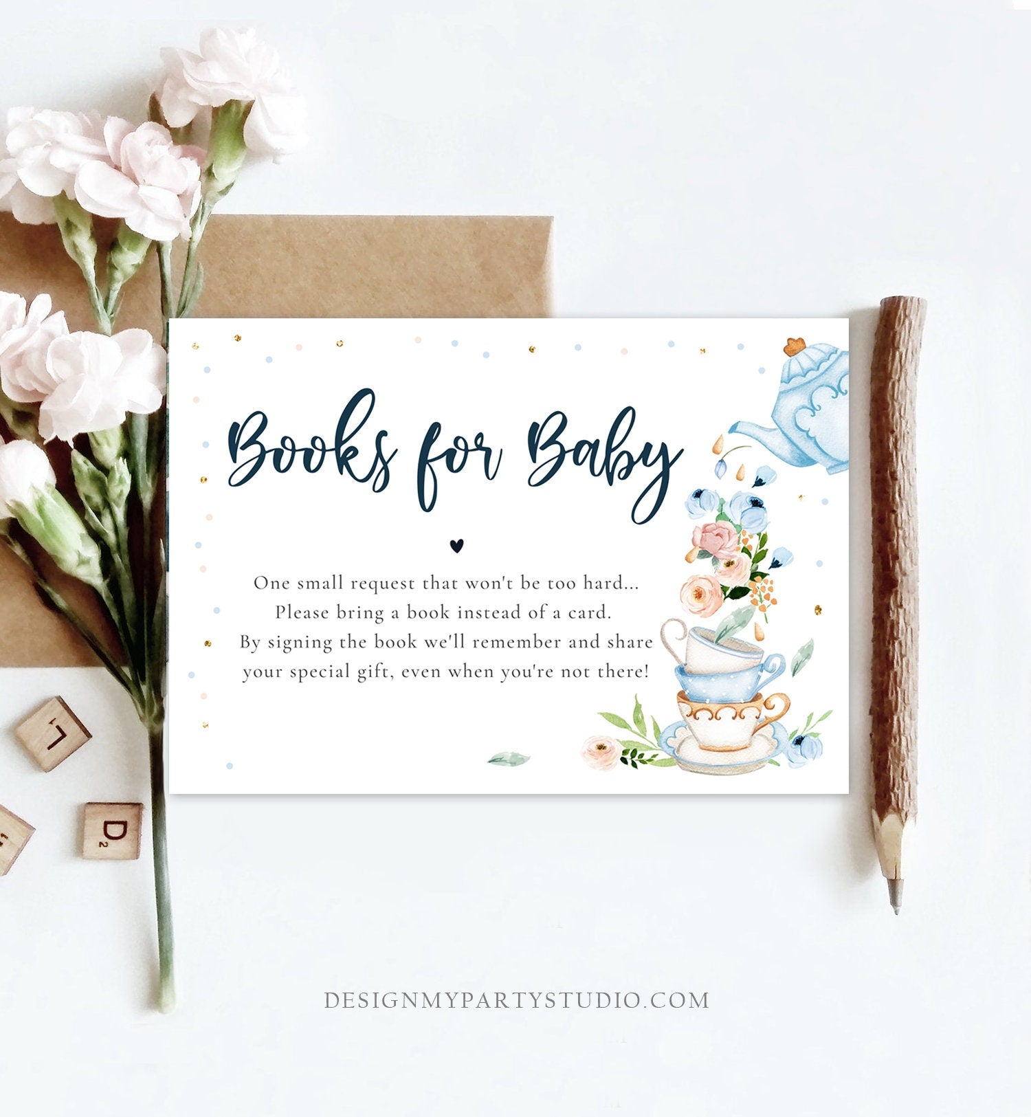 Editable Bring a Book Card Baby is Brewing Baby Shower Tea Party Book Insert Books for Baby Boy Blue Request Corjl Template Printable 0349