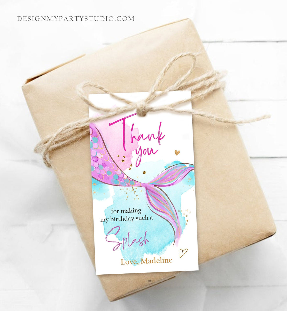 Editable Mermaid Birthday Favor Tag Under The Sea Thank You Mermaid Party Girl Pink Purple Gold Digital Download Template Printable 0403