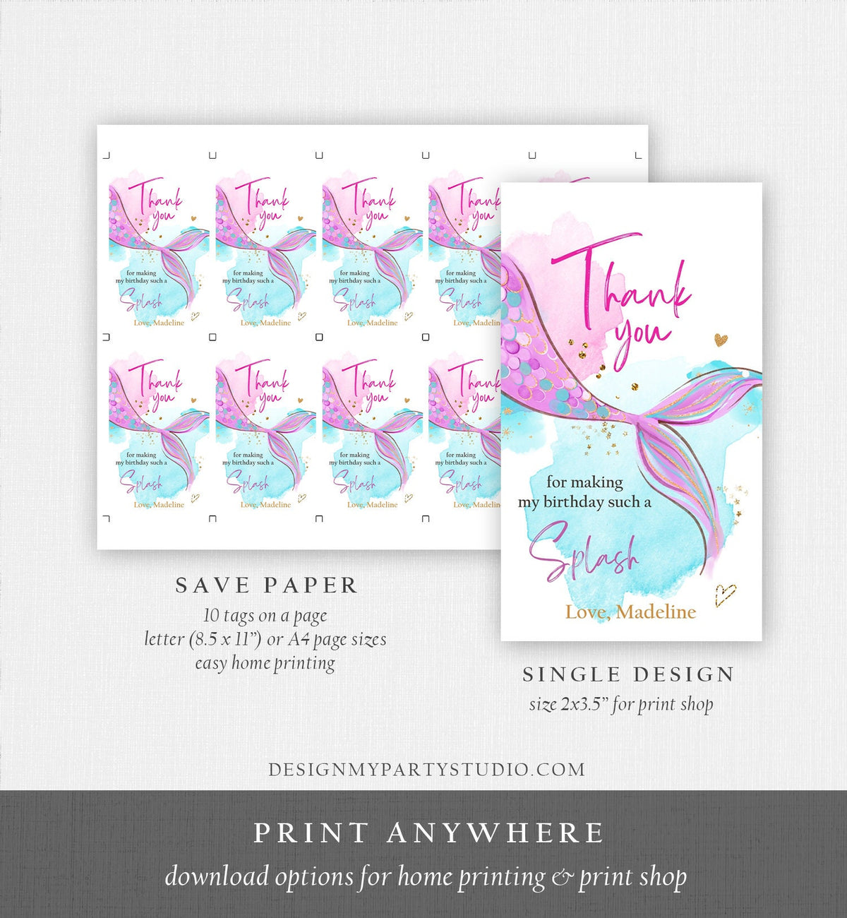 Editable Mermaid Birthday Favor Tag Under The Sea Thank You Mermaid Party Girl Pink Purple Gold Digital Download Template Printable 0403