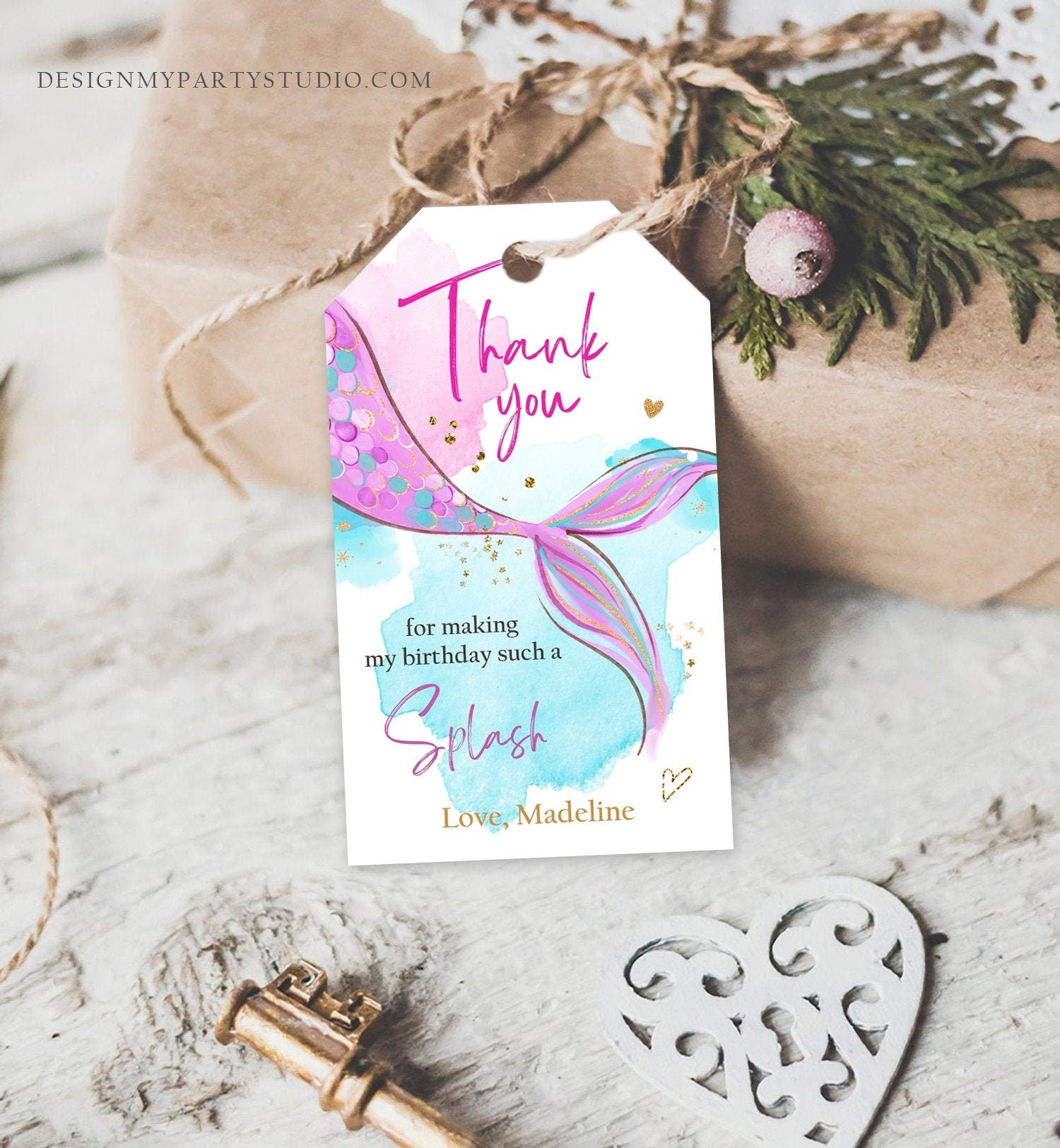 Editable Mermaid Birthday Favor Tag Under The Sea Thank You Mermaid Party Girl Pink Purple Gold Digital Download Template Printable 0403