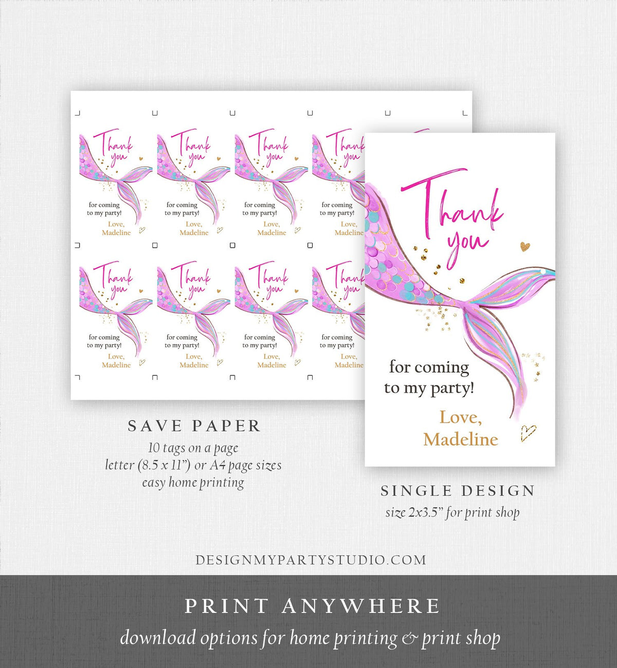 Editable Mermaid Birthday Favor Tags Under The Sea Thank you tags Mermaid Party Girl Pink Purple Digital Download Template Printable 0403