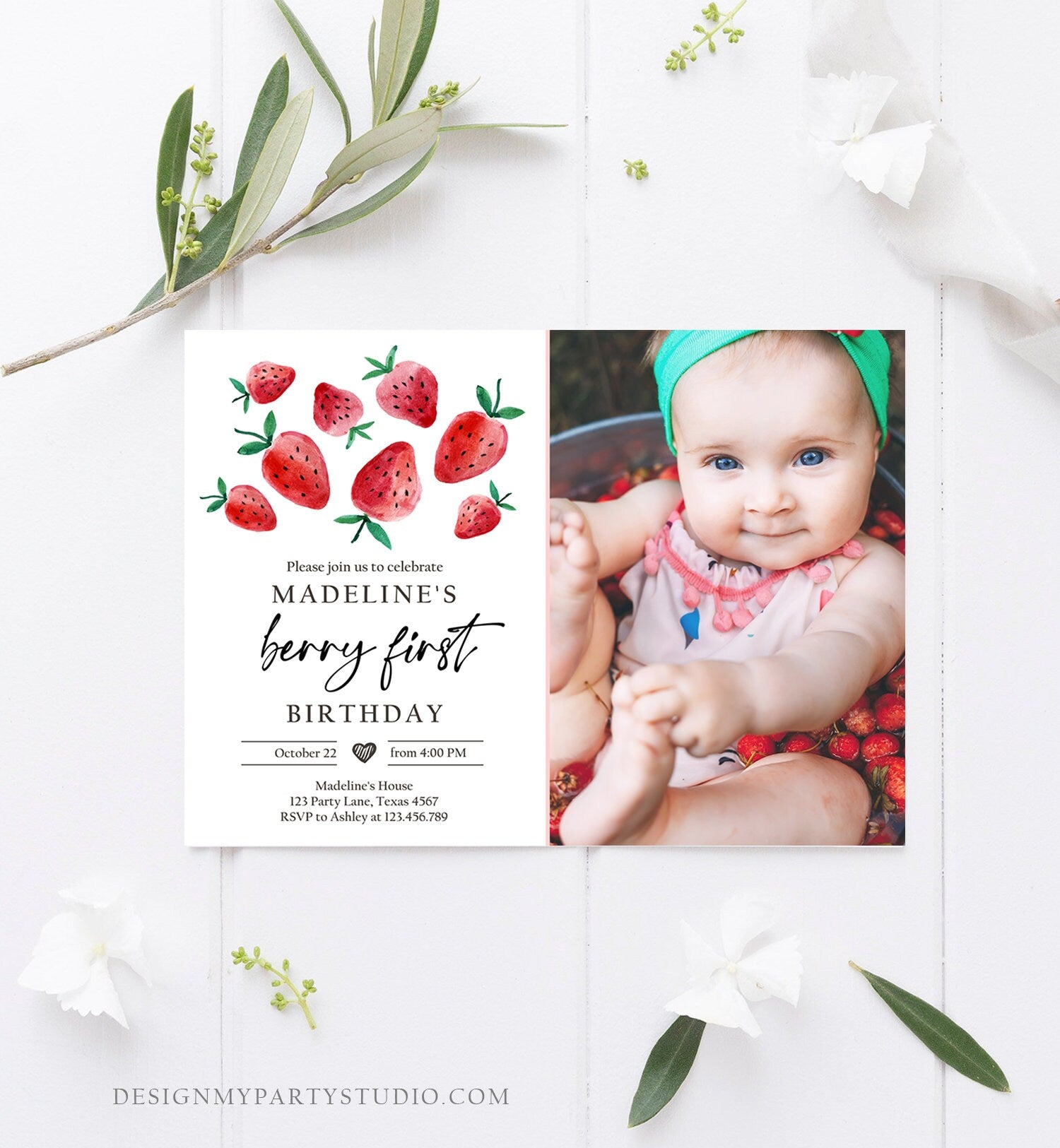 Editable Strawberry Birthday Invitation First Birthday Berry Sweet Girl Cute Strawberries 1st Download Printable Template Corjl Digital 0399