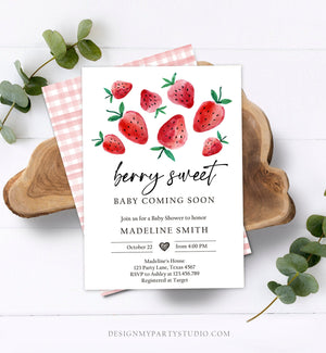 Editable Strawberry Baby Shower Invitation Cute Berry Sweet Baby Girl Strawberries Summer Download Printable Template Corjl Digital 0399