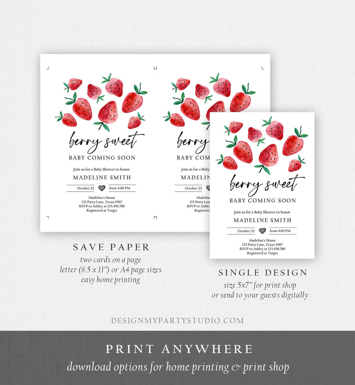 Editable Strawberry Baby Shower Invitation Cute Berry Sweet Baby Girl Strawberries Summer Download Printable Template Corjl Digital 0399