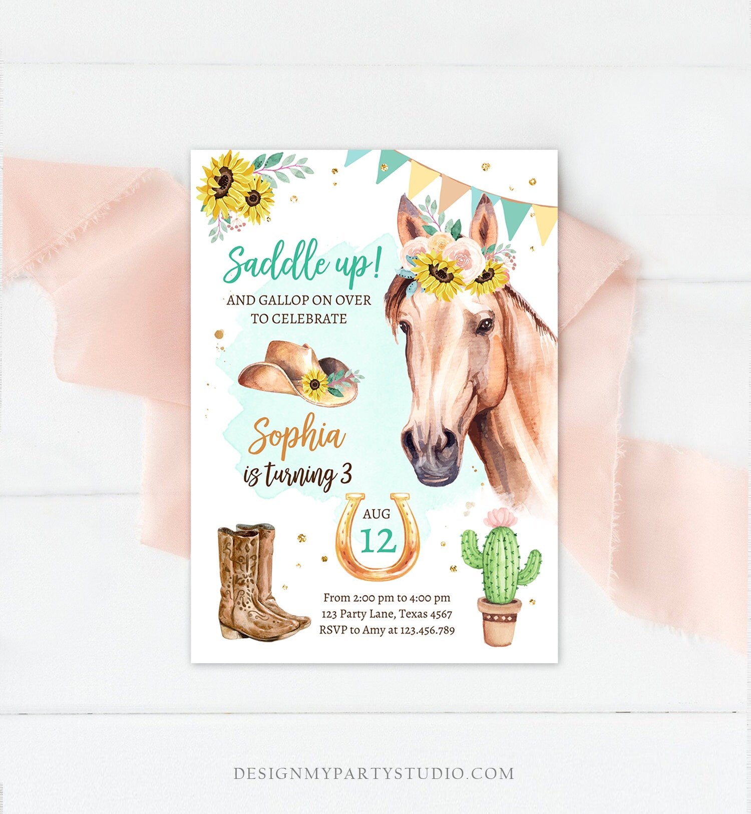 Editable Cowgirl Birthday Invitation Girl Saddle Up Watercolor Horse Party Horse Birthday Sunflowers Download Printable Template Corjl 0398