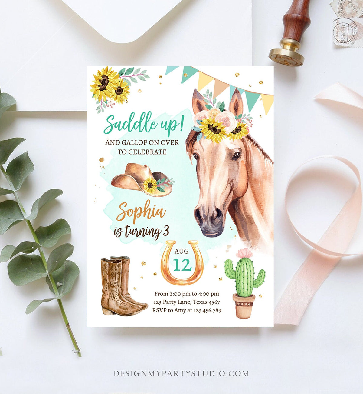 Editable Cowgirl Birthday Invitation Girl Saddle Up Watercolor Horse Party Birthday Sunflowers Digital Download Template Printable 0398
