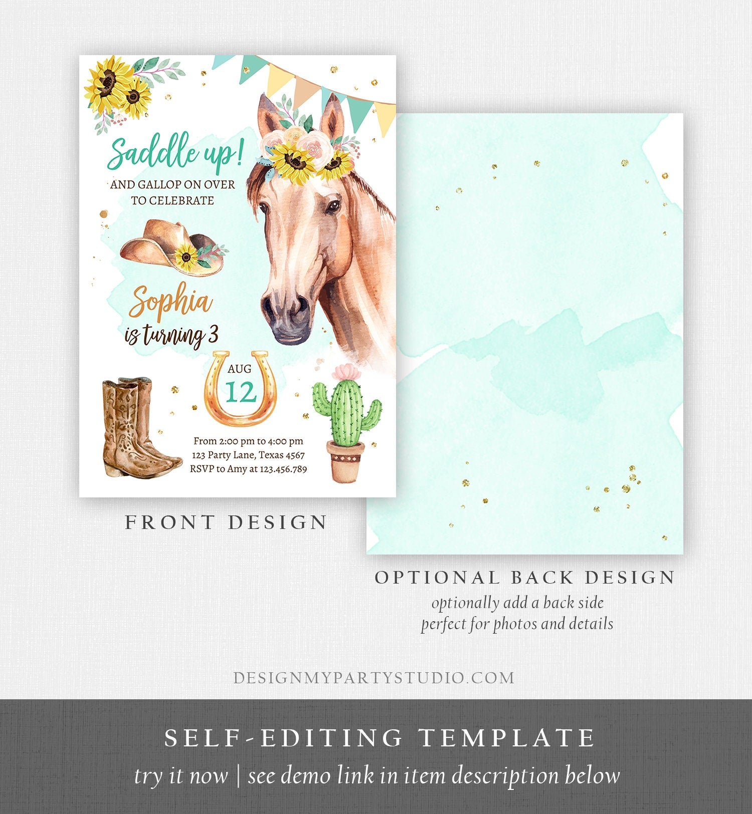 Editable Cowgirl Birthday Invitation Girl Saddle Up Watercolor Horse Party Birthday Sunflowers Digital Download Template Printable 0398